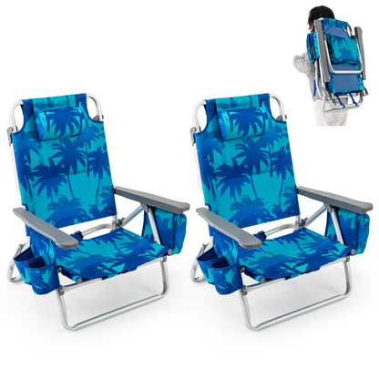 2-Pack Folding Backpack 5-Position Beach Chair with Pillow for Outdoor-Blue &amp;amp; Green