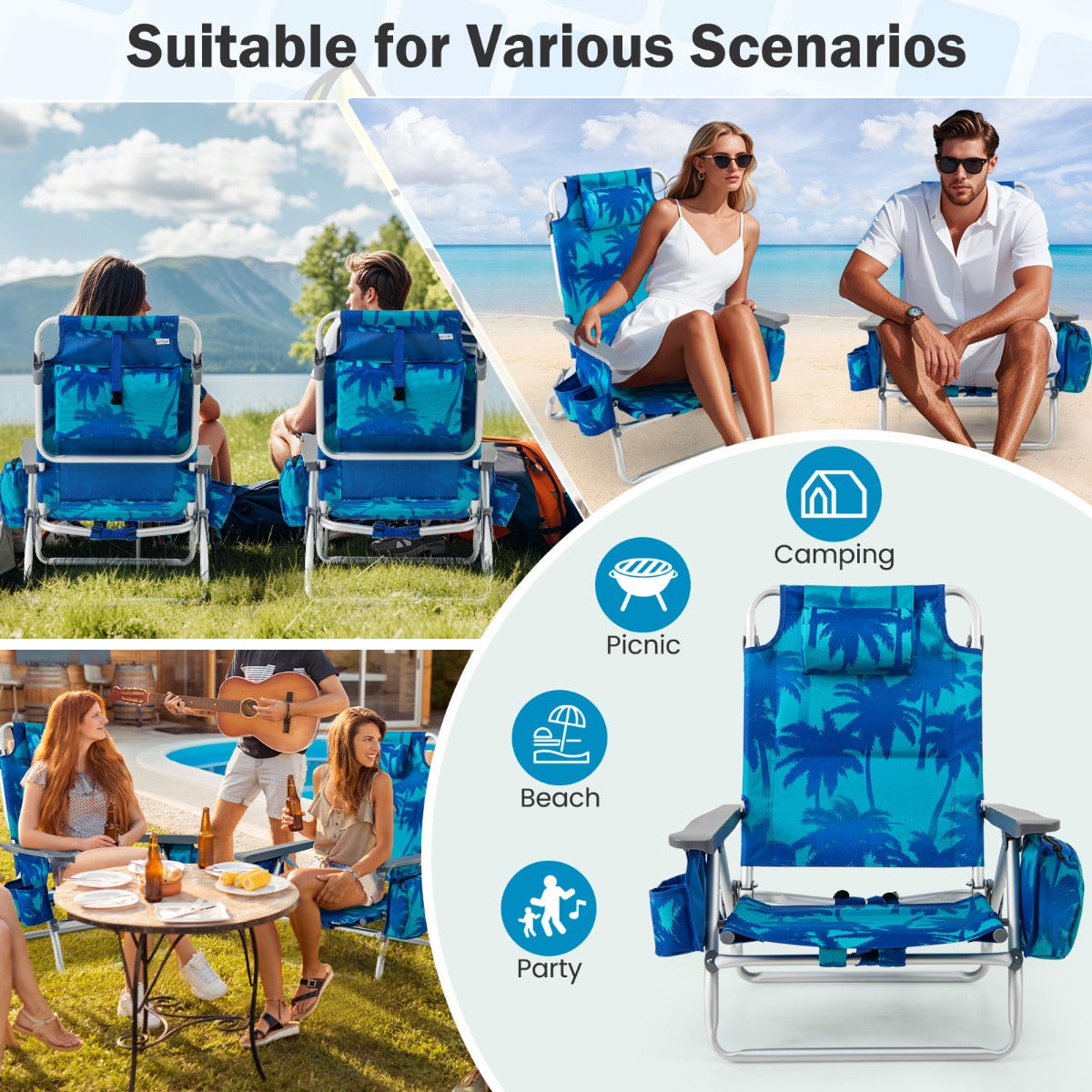 2-Pack Folding Backpack 5-Position Beach Chair with Pillow for Outdoor-Blue &amp;amp; Green