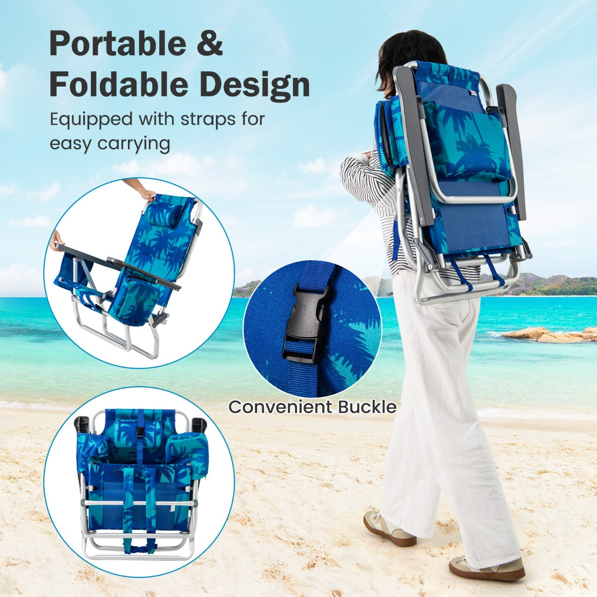 2-Pack Folding Backpack 5-Position Beach Chair with Pillow for Outdoor-Blue &amp;amp; Green