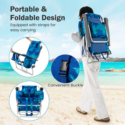 2-Pack Folding Backpack 5-Position Beach Chair with Pillow for Outdoor-Blue &amp;amp; Green