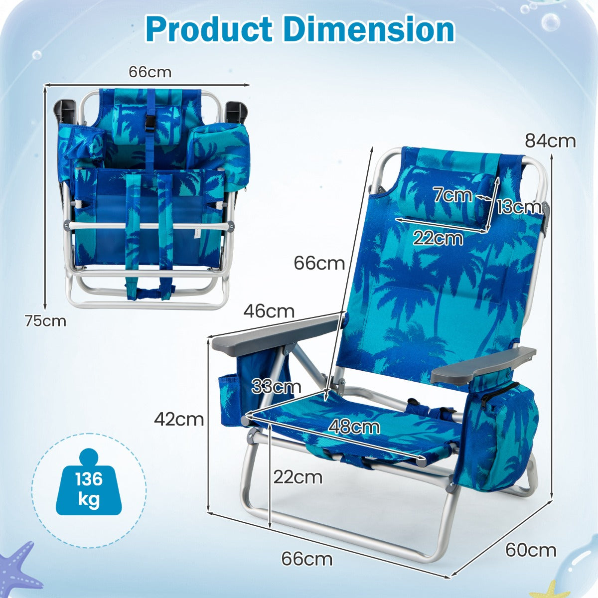 2-Pack Folding Backpack 5-Position Beach Chair with Pillow for Outdoor-Blue &amp;amp; Green