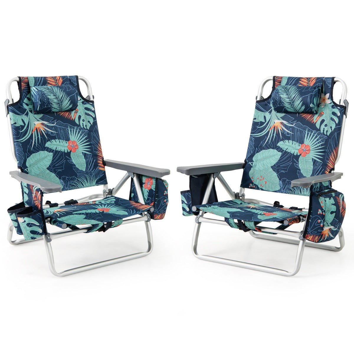 2-Pack Folding Backpack 5-Position Beach Chair with Pillow for Outdoor-Colourful