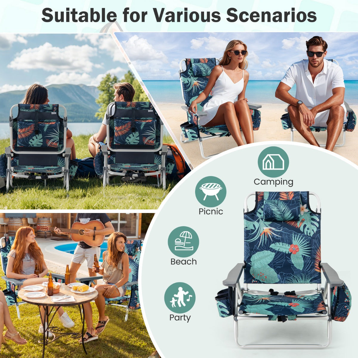 2-Pack Folding Backpack 5-Position Beach Chair with Pillow for Outdoor-Colourful