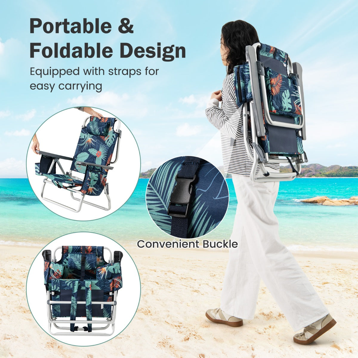 2-Pack Folding Backpack 5-Position Beach Chair with Pillow for Outdoor-Colourful