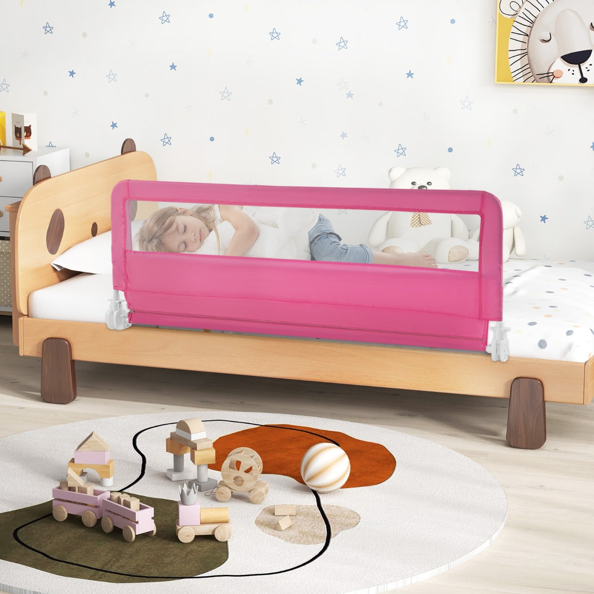150CM Foldable Bed Rail Guard with Removable Cover for Toddlers-Pink