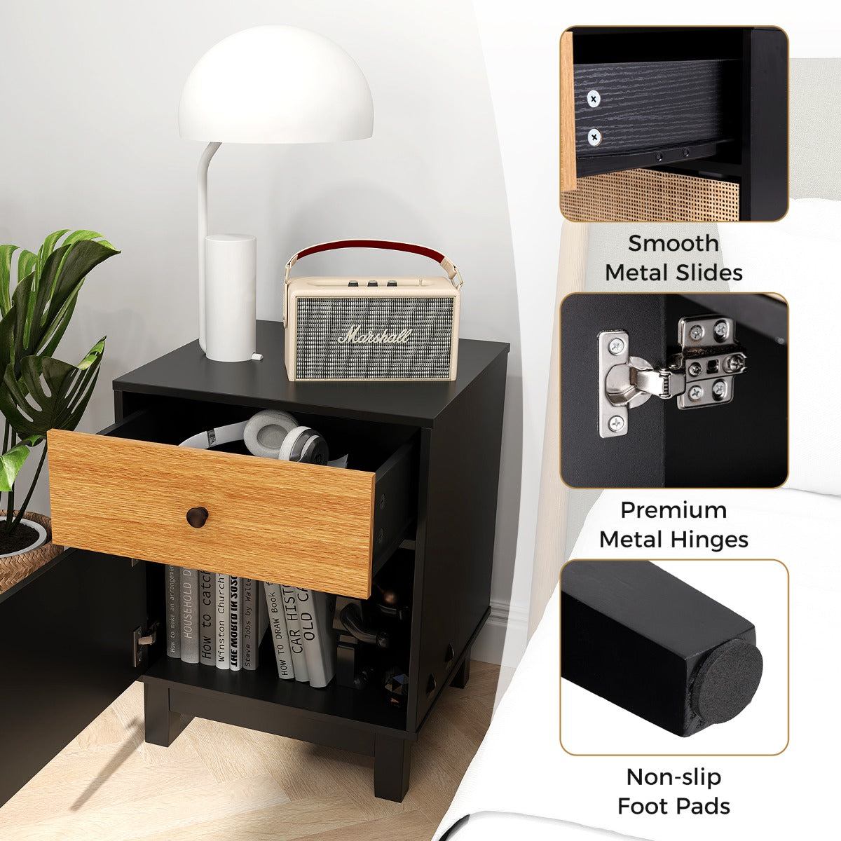 Costway Boho Rattan Nightstand Bedside Table with Solid Wood Legs-Black
