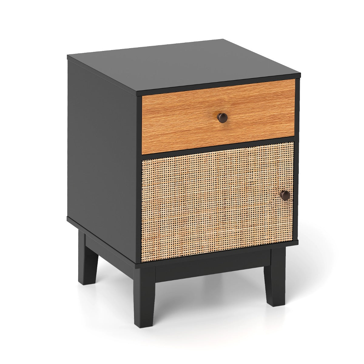 Costway Boho Rattan Nightstand Bedside Table with Solid Wood Legs-Black