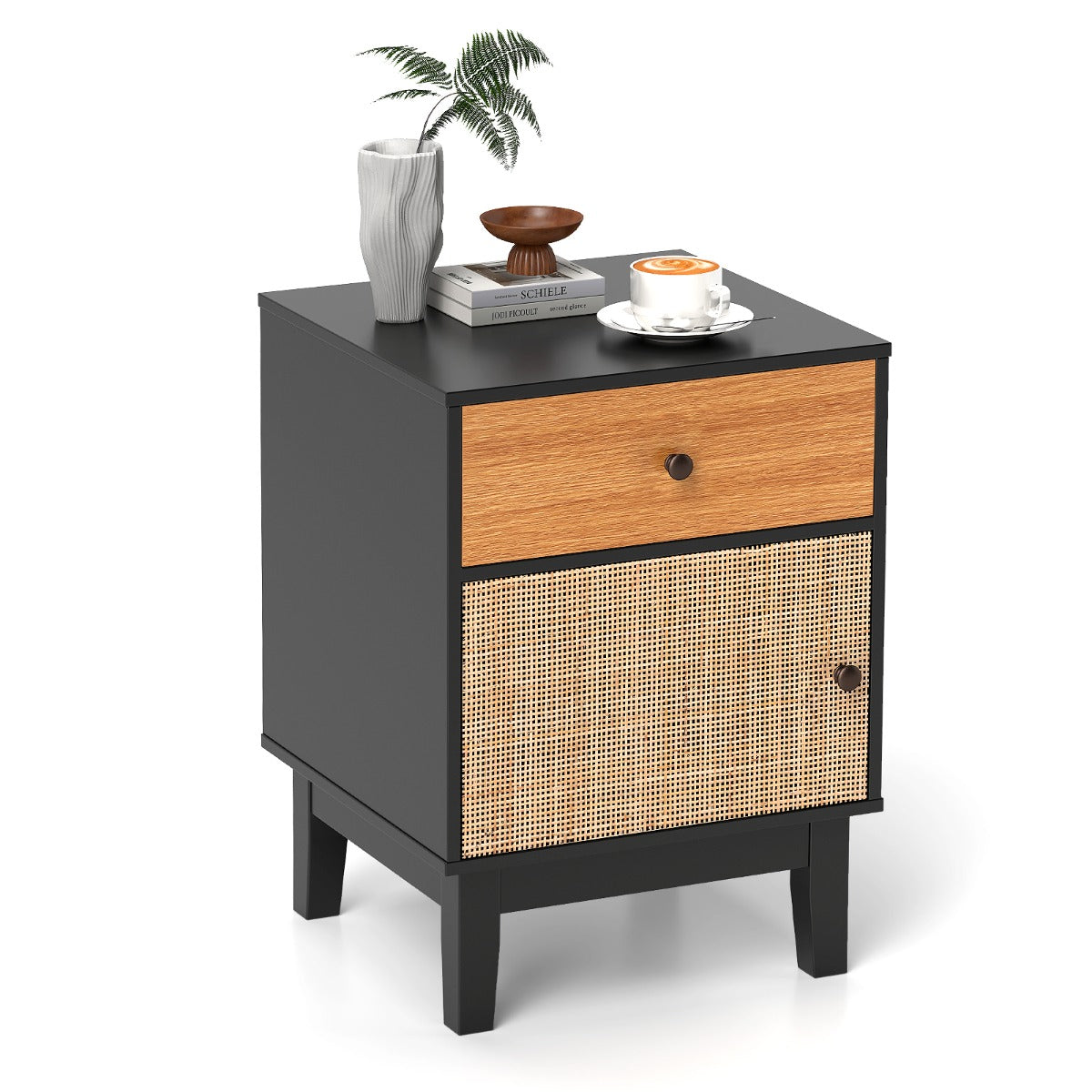 Costway Boho Rattan Nightstand Bedside Table with Solid Wood Legs-Black