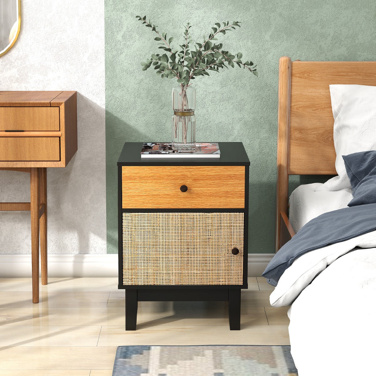 Costway Boho Rattan Nightstand Bedside Table with Solid Wood Legs-Black