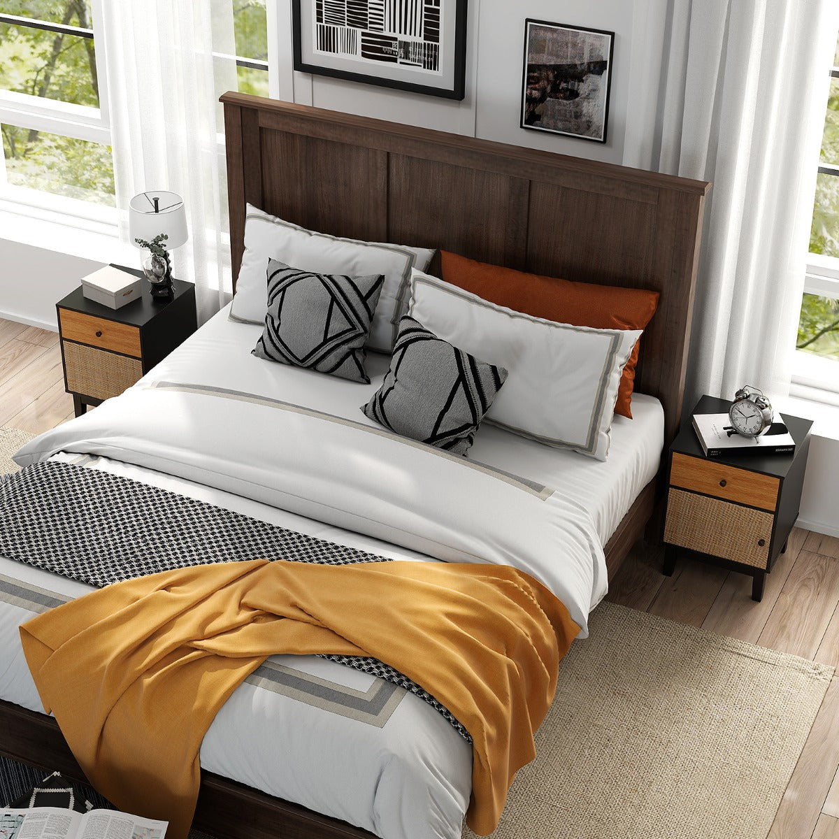Costway Boho Rattan Nightstand Bedside Table with Solid Wood Legs-Black