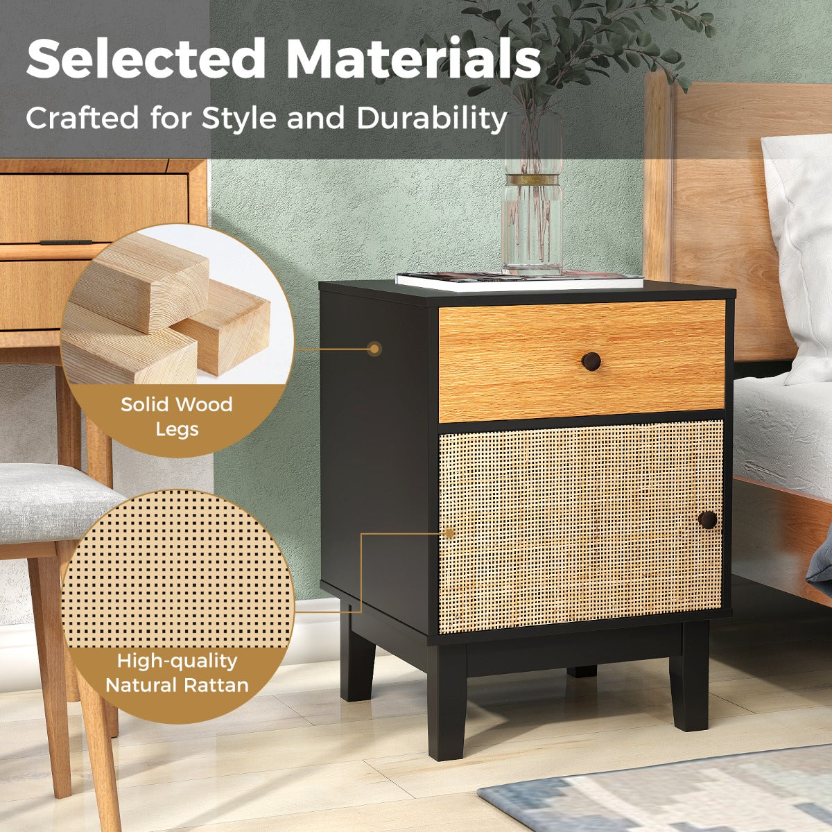 Costway Boho Rattan Nightstand Bedside Table with Solid Wood Legs-Black