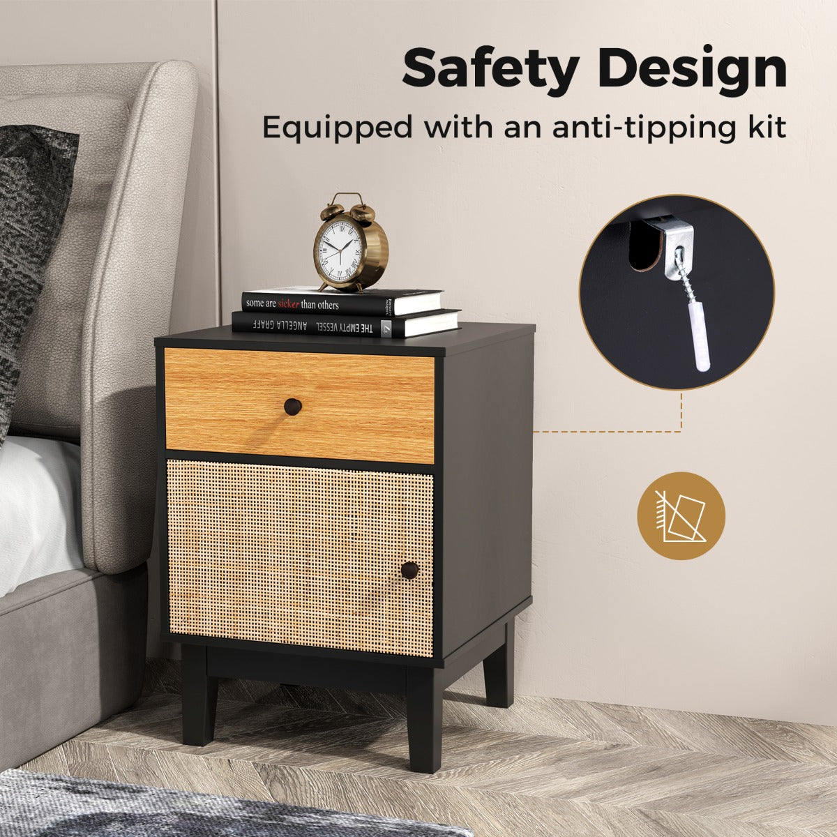 Costway Boho Rattan Nightstand Bedside Table with Solid Wood Legs-Black