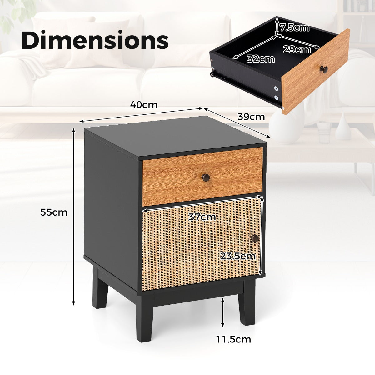 Costway Boho Rattan Nightstand Bedside Table with Solid Wood Legs-Black