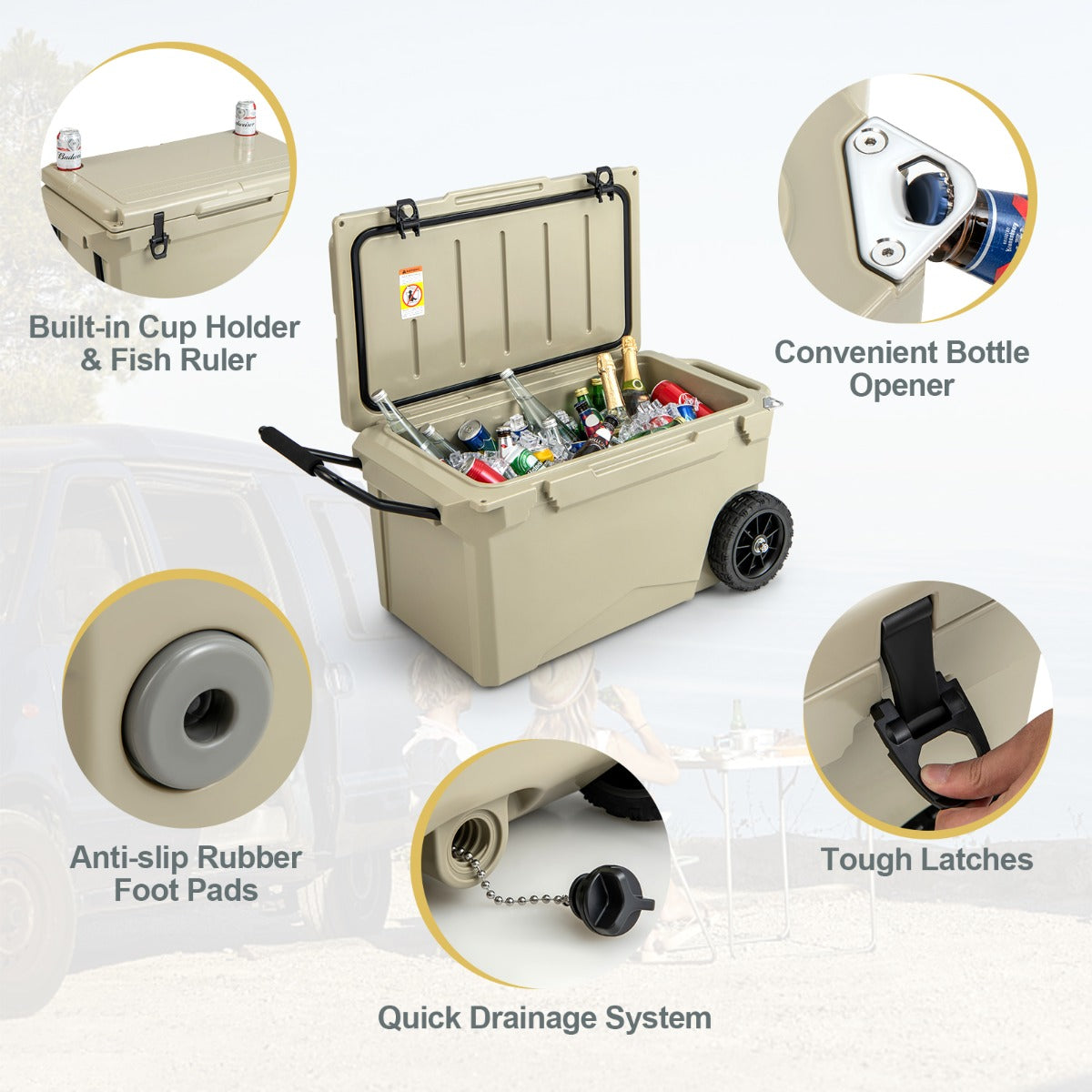 Costway Portable Cooler on Wheels with Handles -Beige
