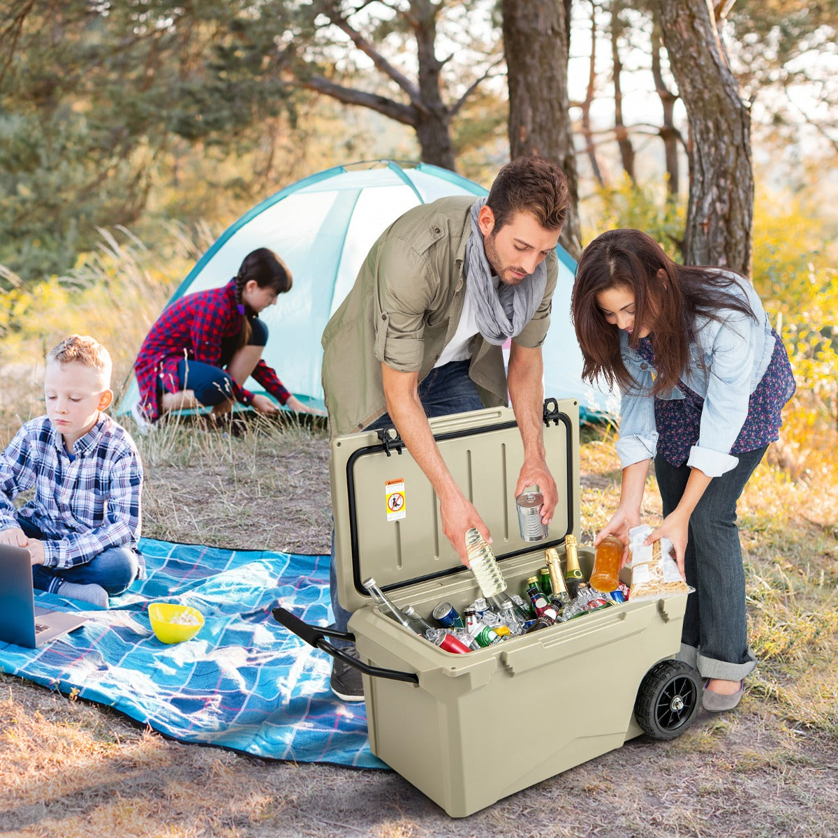 Costway Portable Cooler on Wheels with Handles -Beige