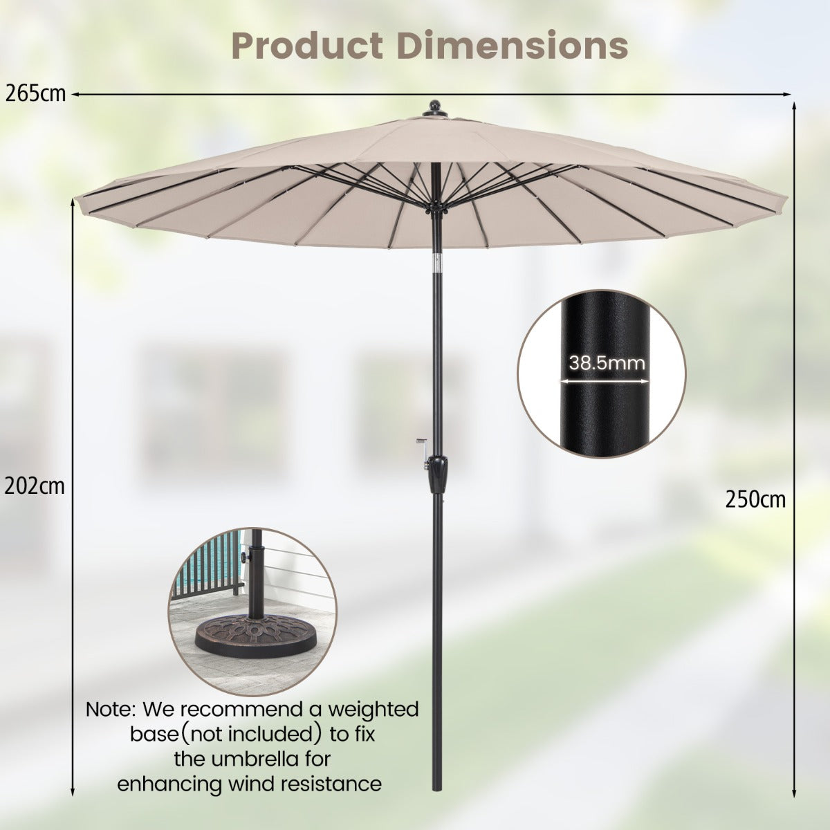 Beige patio umbrella with UV 50 plus canopy provides comfortable shade for outdoor spaces