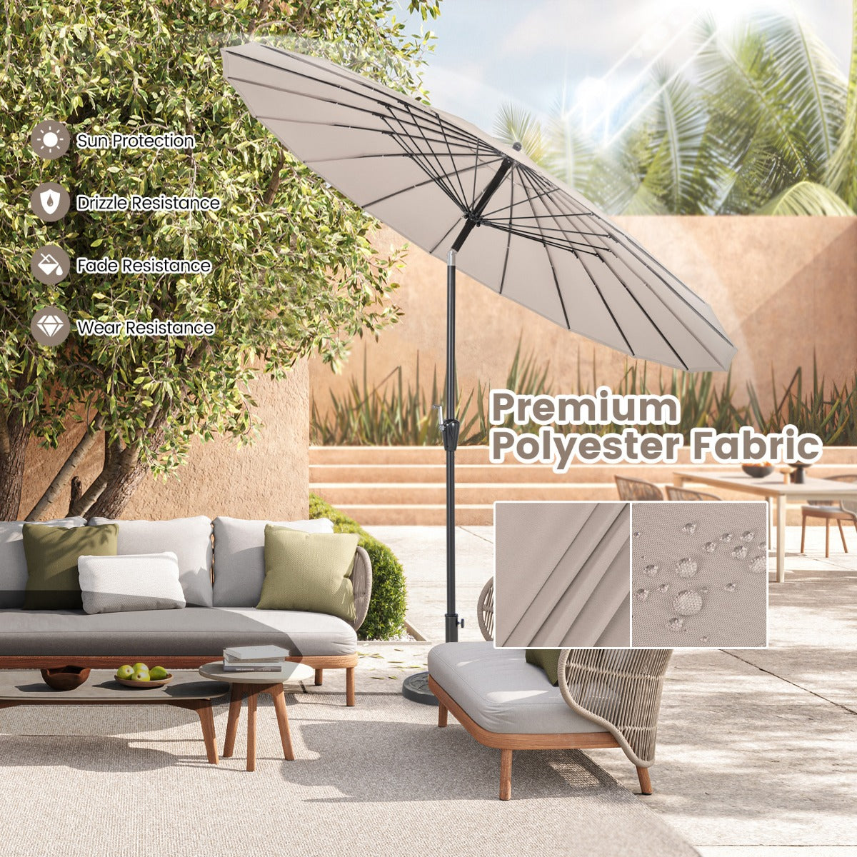 Vented umbrella canopy promotes airflow and helps create a cooler outdoor seating area