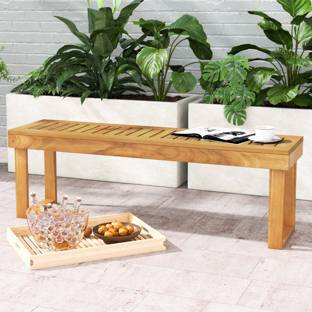 Waterproof acacia wood surface makes this three-person bench easy to maintain outdoors