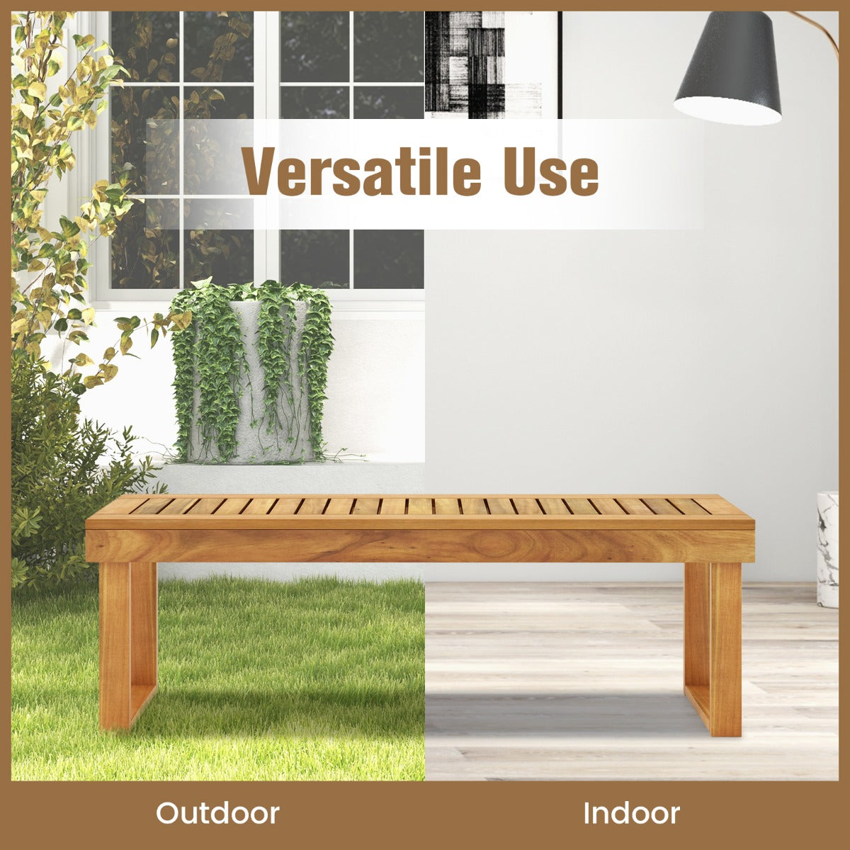 Acacia dining bench complements existing furniture in backyards, gardens, hallways, and dining rooms
