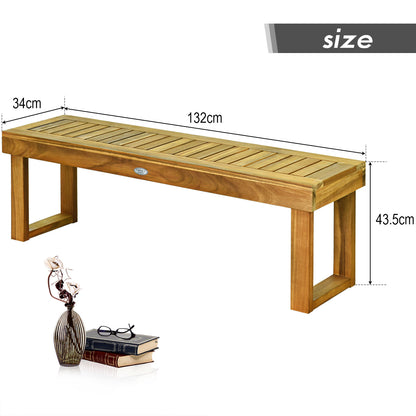 Solid acacia wood outdoor bench provides spacious seating for three people in gardens and patios