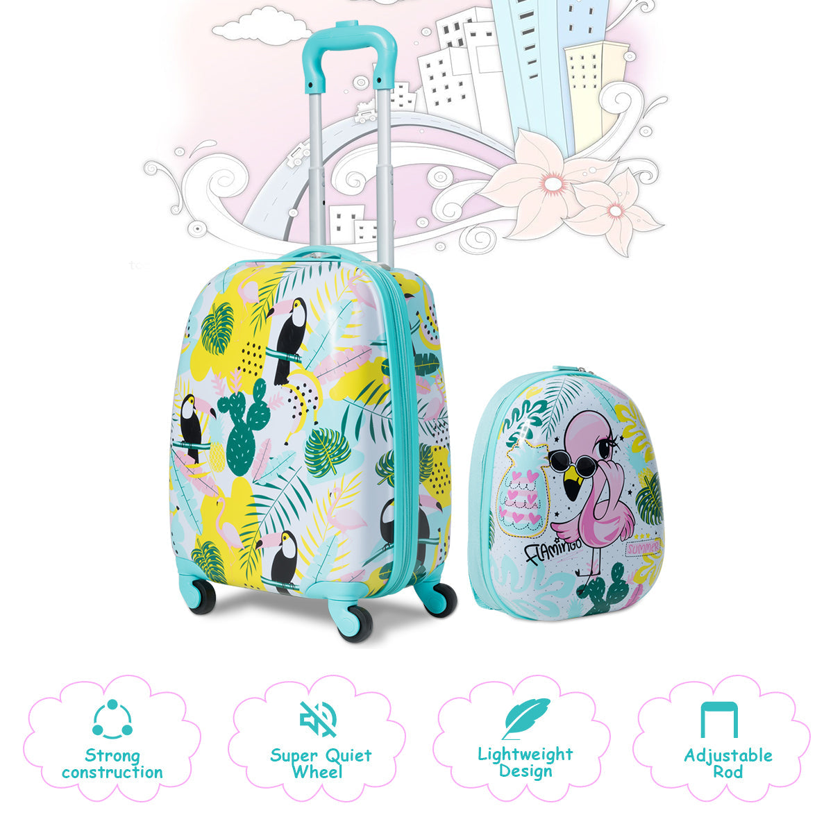 Flamingo luggage set makes a useful and charming travel or school gift for children