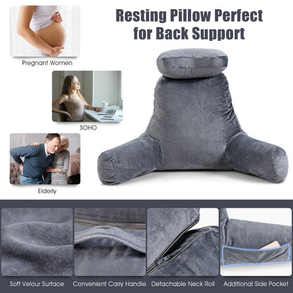 Big Bed Rest Reading Pillow with Support Arms Detachable Neck Roll-Grey