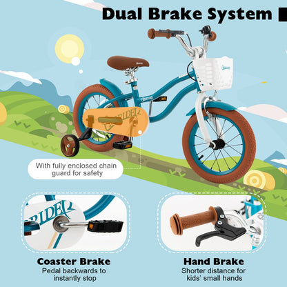 Kids Bike Adjustable with Handbrake and Basket for 3-5 Years Old-Turquoise-14 inches