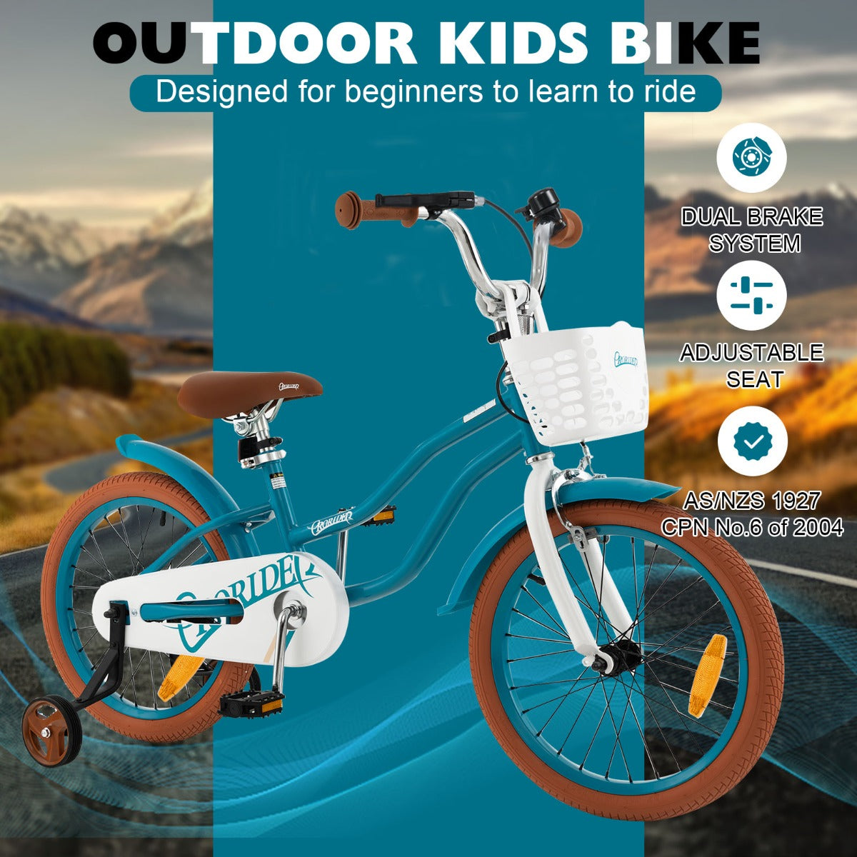 Kids Bike Adjustable with Handbrake and Basket for 4-8 Years Old-Turquoise-18 inches
