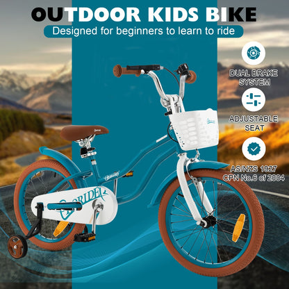 Kids Bike Adjustable with Handbrake and Basket for 4-8 Years Old-Turquoise-18 inches