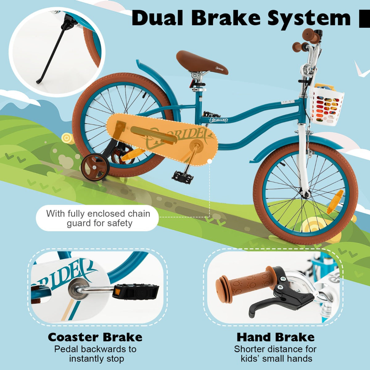 Kids Bike Adjustable with Handbrake and Basket for 4-8 Years Old-Turquoise-18 inches