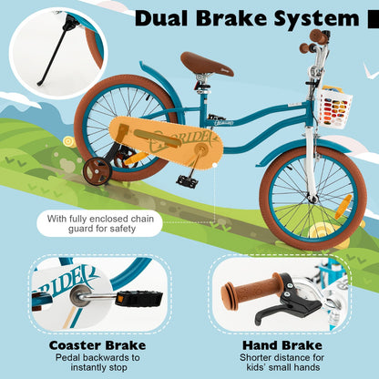 Kids Bike Adjustable with Handbrake and Basket for 4-8 Years Old-Turquoise-18 inches