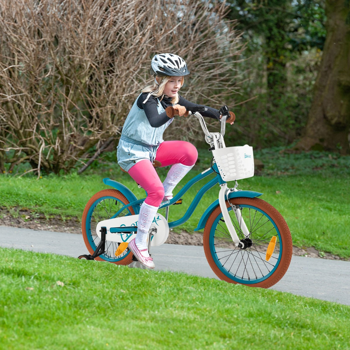 Kids Bike Adjustable with Handbrake and Basket for 4-8 Years Old-Turquoise-18 inches