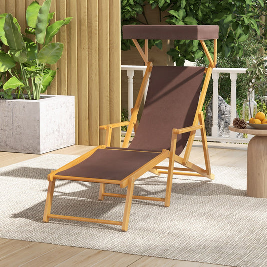 Costway Birch Wood Chaise Lounge Chair with Adjustable Canopy and Reclining Backrest-Brown