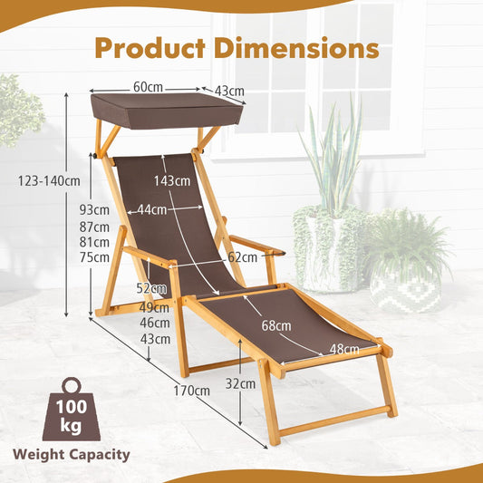Brown and natural birch wood chaise lounge features an adjustable canopy for outdoor relaxation