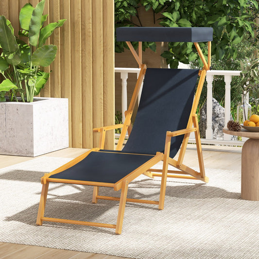 Costway Birch Wood Chaise Lounge Chair with Adjustable Canopy and Reclining Backrest-Navy