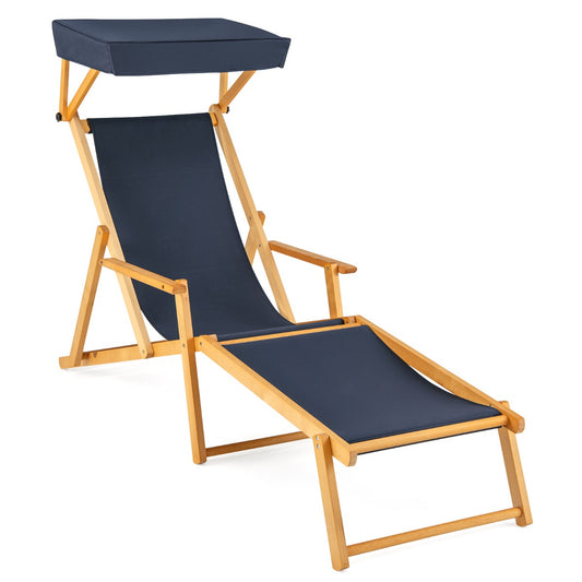 Costway Birch Wood Chaise Lounge Chair with Adjustable Canopy and Reclining Backrest-Navy