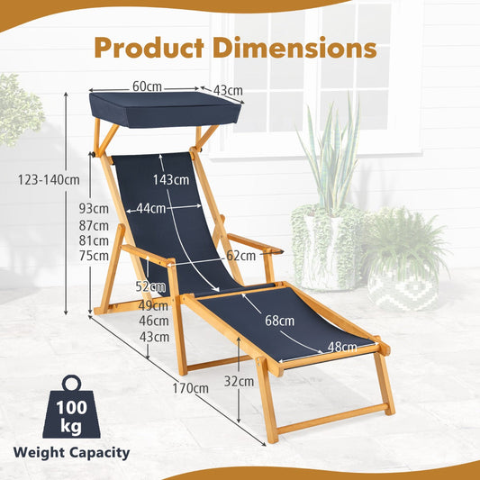Brown and natural birch wood chaise lounge features an adjustable canopy for outdoor relaxation