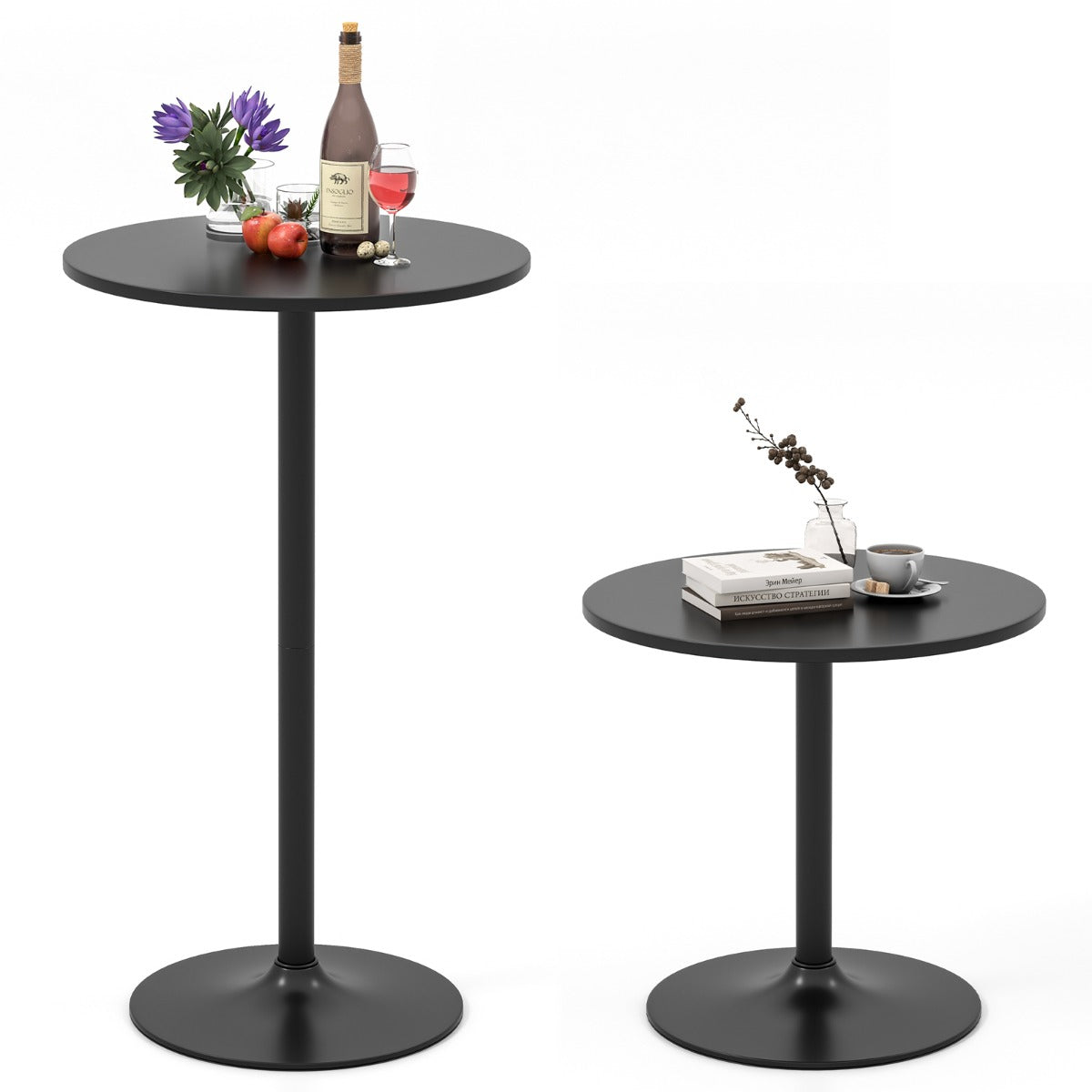 101-56 cm Round Bistro Cocktail Tall Coffee Table High Top Pub Table-Black-2 Pieces