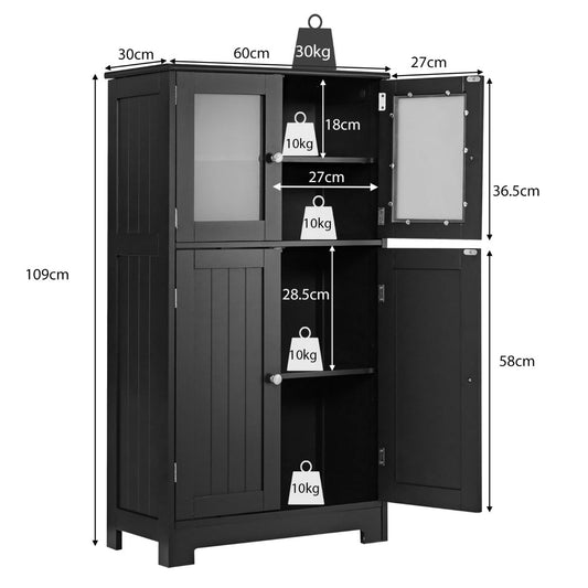 White bathroom storage cabinet with four doors, obscure tempered glass, five compartments, and adjustable shelving