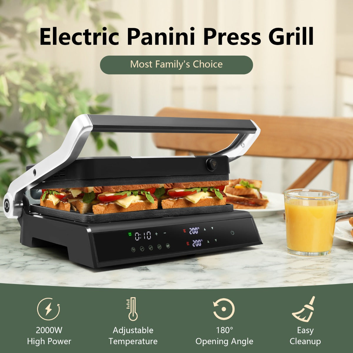 Independent temperature controls adjust upper and lower plates from 90 to 230 degrees Celsius