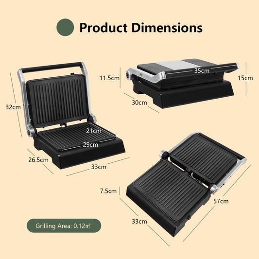 Three-in-one electric grill works as a panini press, contact grill and open double grill