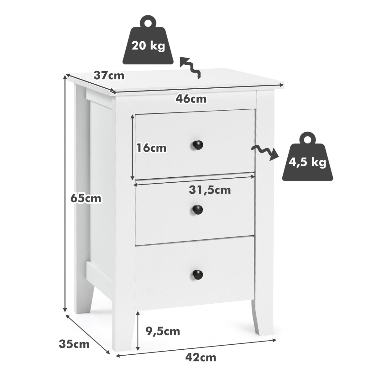 Nightstand with Drawers 3 Drawers for Bedroom and Living Room-White
