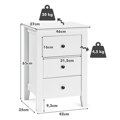 Nightstand with Drawers 3 Drawers for Bedroom and Living Room-White