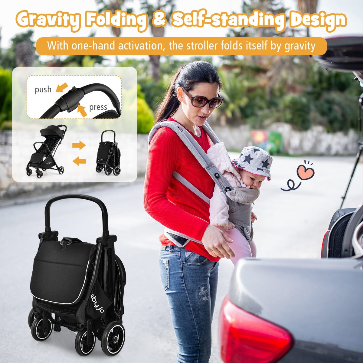 Costway Folding Infant Stoller with Adjustable Canopy for 0-3 Years Old-Black