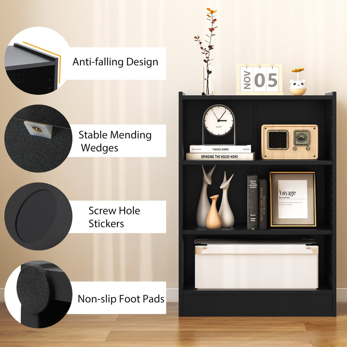 Compact storage bookshelf includes non-slip feet and an anti-falling top design