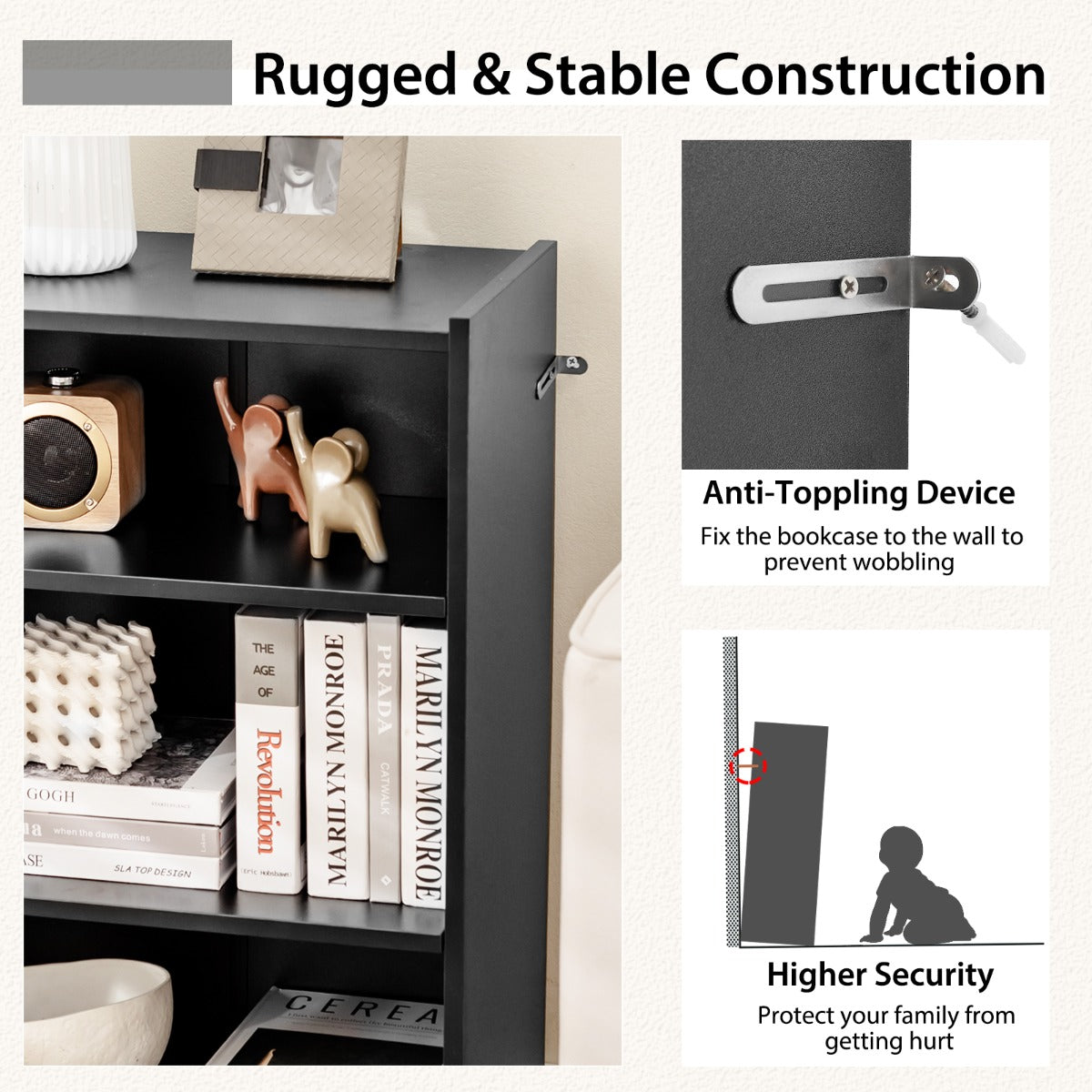 Versatile three-tier shelving unit works as a bookcase, display cabinet, or organizer