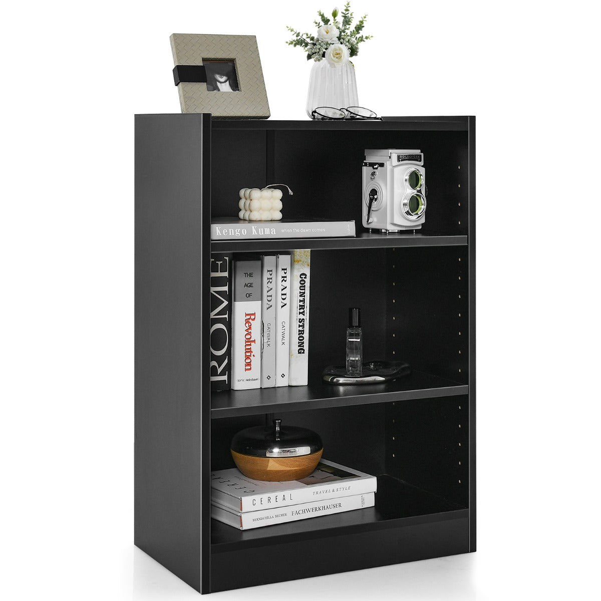 Modern open display shelf features a rustic brown, black, or white finish