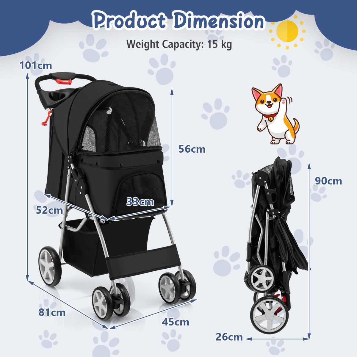 4-Wheel Folding Pet Stroller with Mesh Windows &amp;amp; Storage Basket-Black