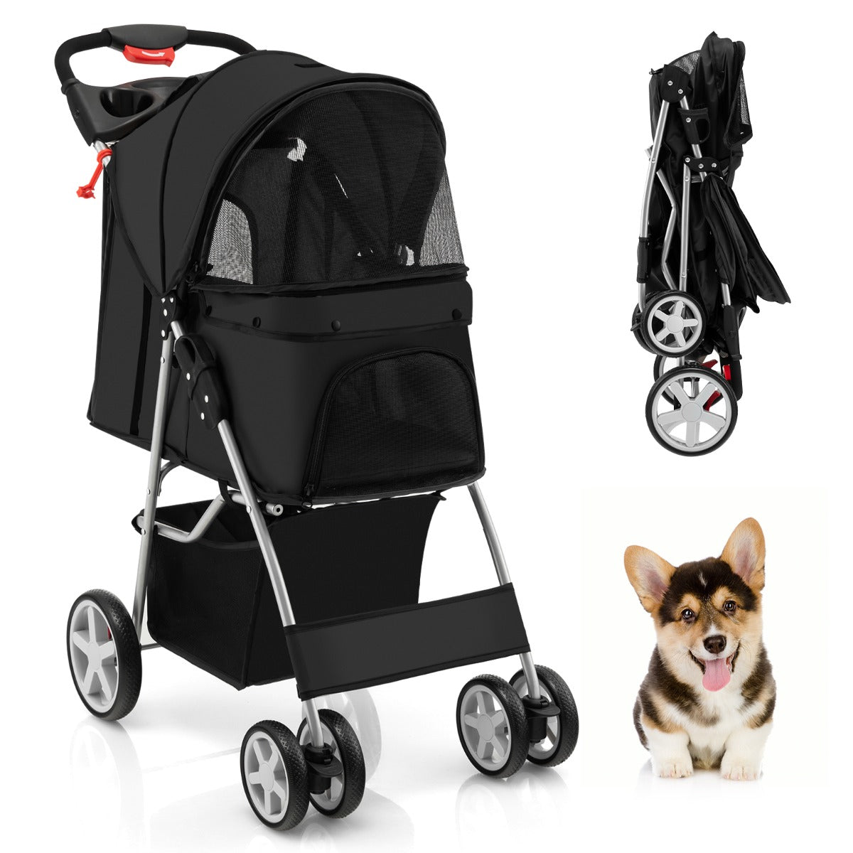 4-Wheel Folding Pet Stroller with Mesh Windows &amp;amp; Storage Basket-Black