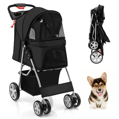 4-Wheel Folding Pet Stroller with Mesh Windows &amp;amp; Storage Basket-Black